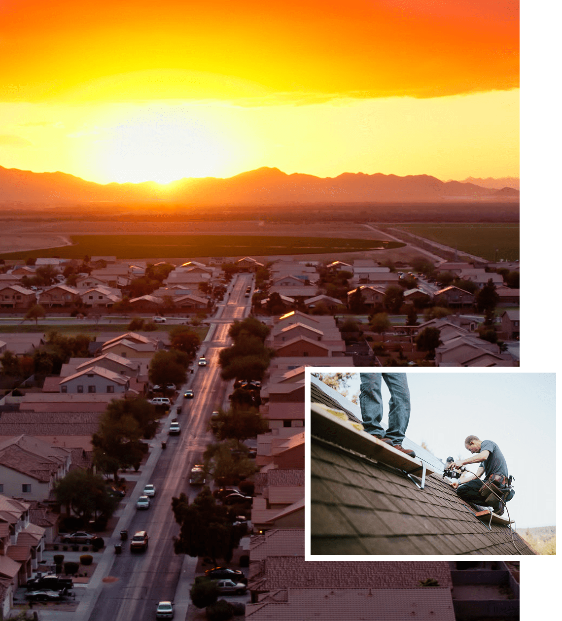 Sunset over suburb with rooftop workers.