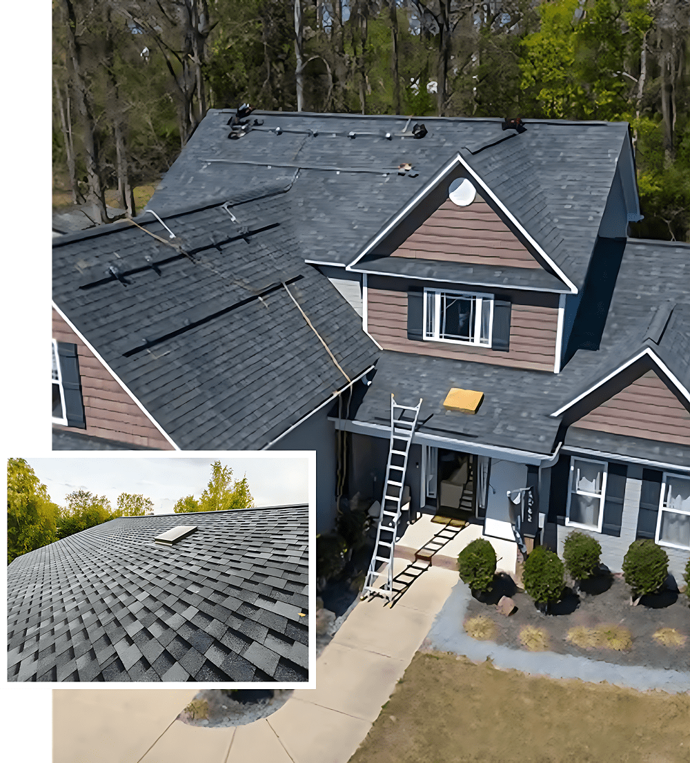 House with new roof installation and ladder.