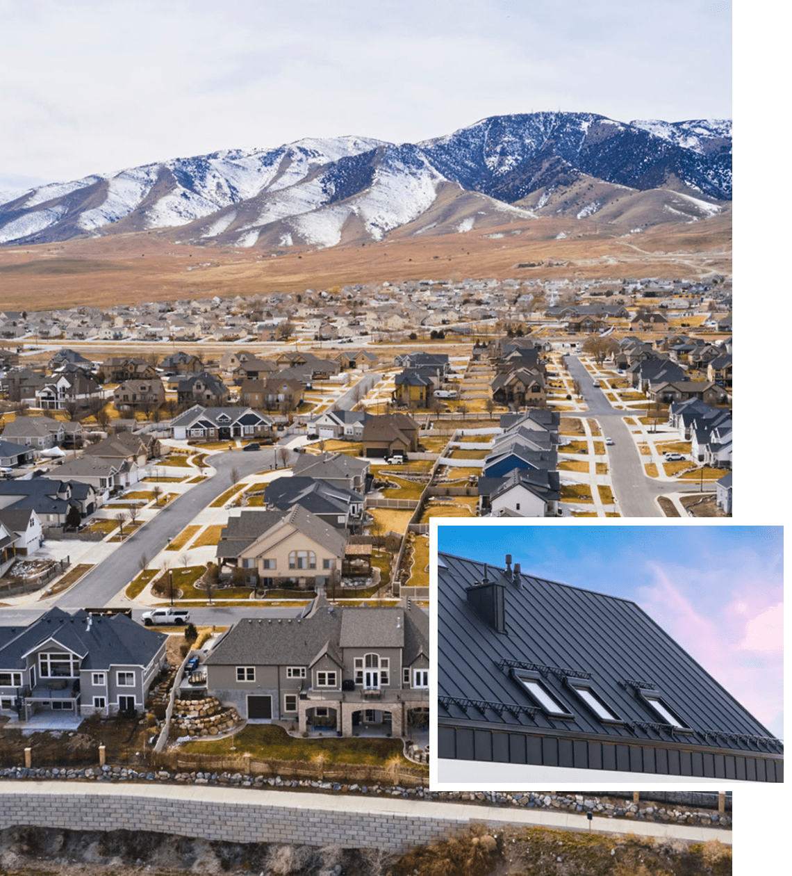 Suburban neighborhood with mountains in background.