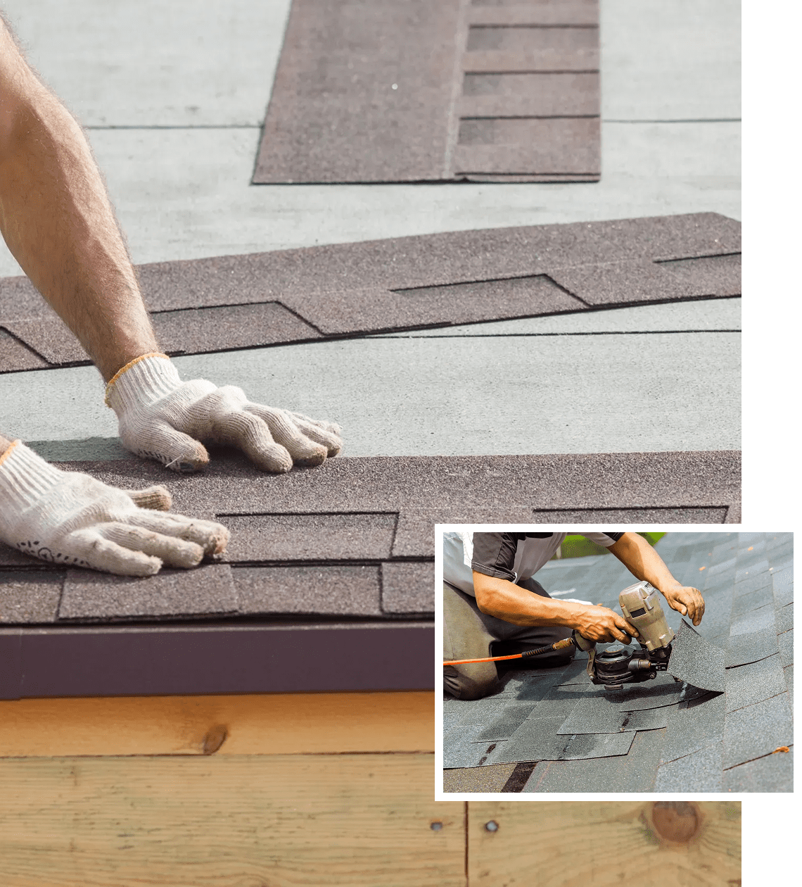 Installing asphalt shingles on a roof.