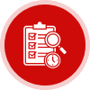 Checklist, magnifying glass, clock on red background.
