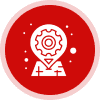 Map pin with gear icon on red.