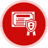 Certificate and shield icon on red background.
