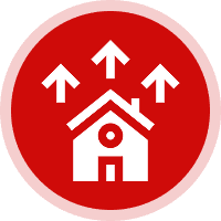House with arrows in red circle icon.