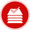 Red circle with stacked papers and checkmark.
