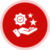 Hand holding stars and gear on red background.