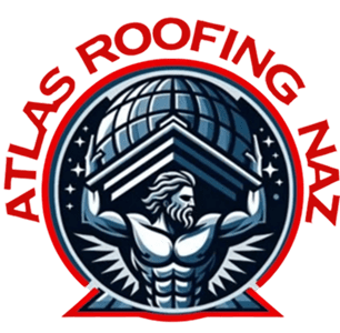 Atlas holding globe with roofing text.